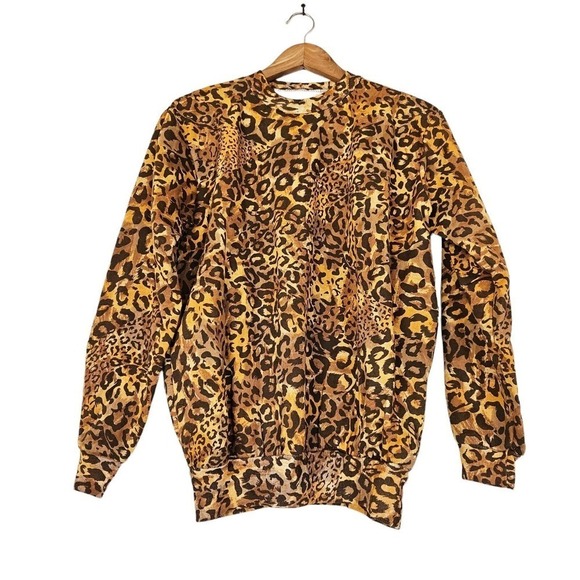Vtg T.D. Sport Womens Leopard Cheetah Print Crew Sweatshirt Size L Boho Y2K - Picture 1 of 8